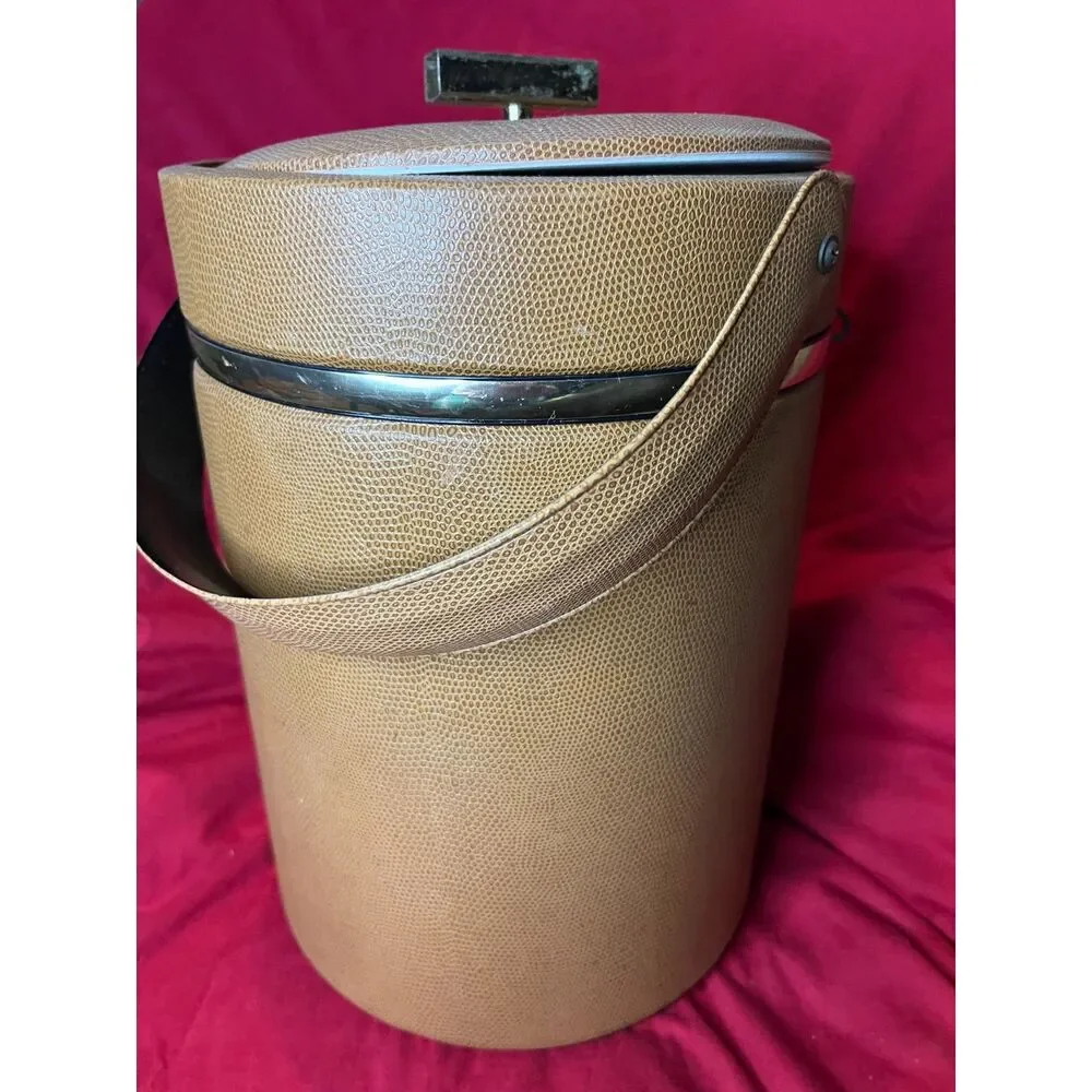 Vintage Georges Briard Faux Leather Ice Bucket with Metal Insert, Metal Tongs
